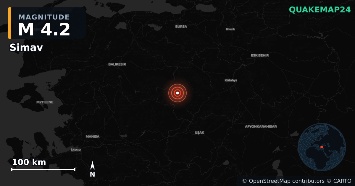 M4.2 earthquake near Simav on Sep 20, 2025 — map of epicenter and shaking intensity | QuakeMap24