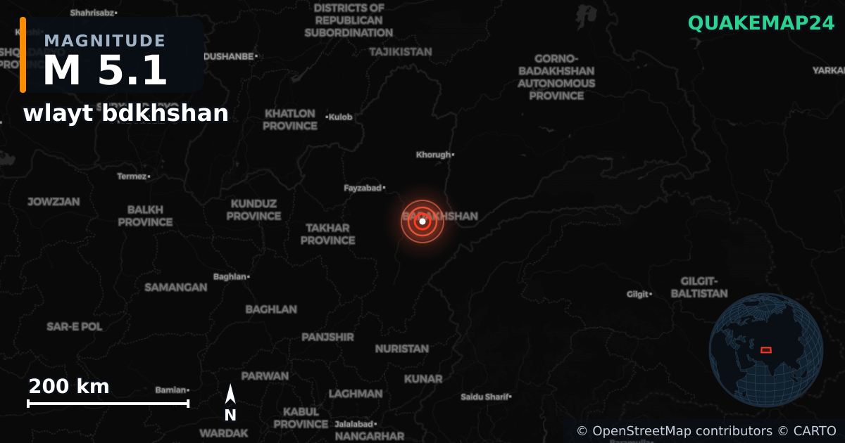 M5.1 earthquake near wlayt bdkhshan on Oct 21, 2025 — map of epicenter and shaking intensity | QuakeMap24