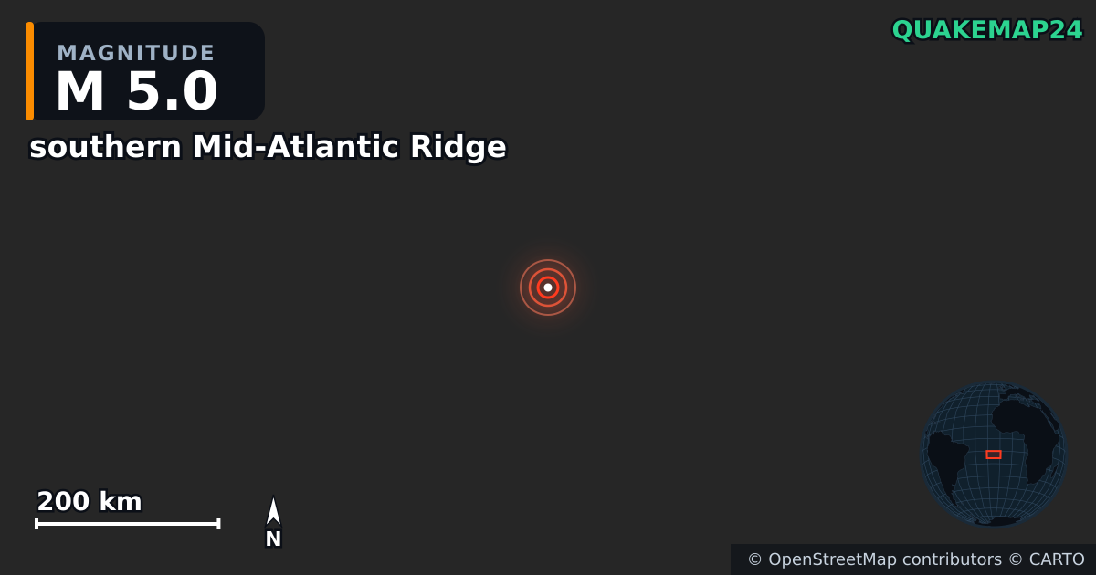 M5.0 Earthquake near southern Mid-Atlantic Ridge · 2026-07-16 — Map showing the location of the epicenter
