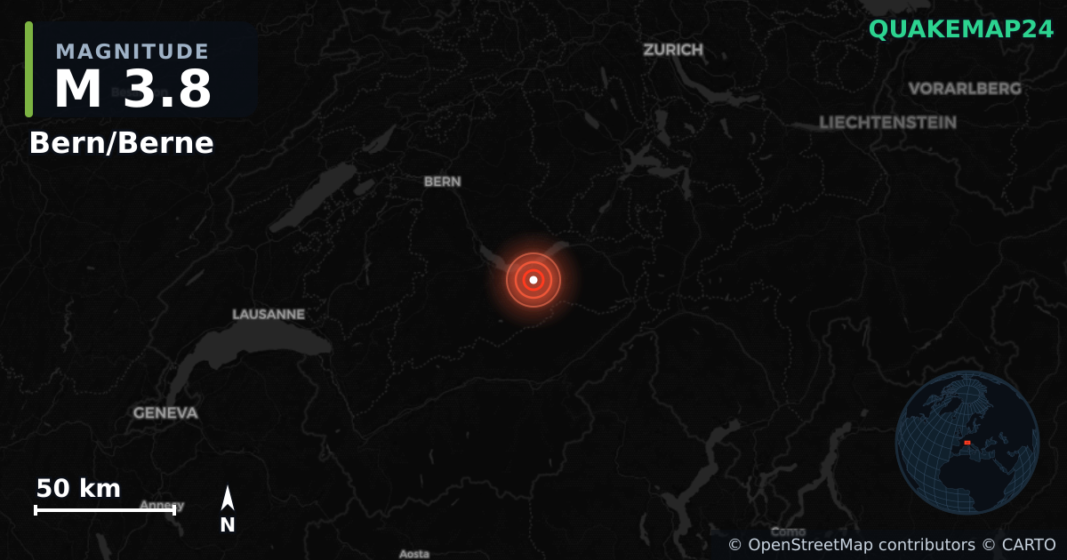 M3.8 earthquake near Bern/Berne on Jul 21, 2025 — map of epicenter and shaking intensity | QuakeMap24