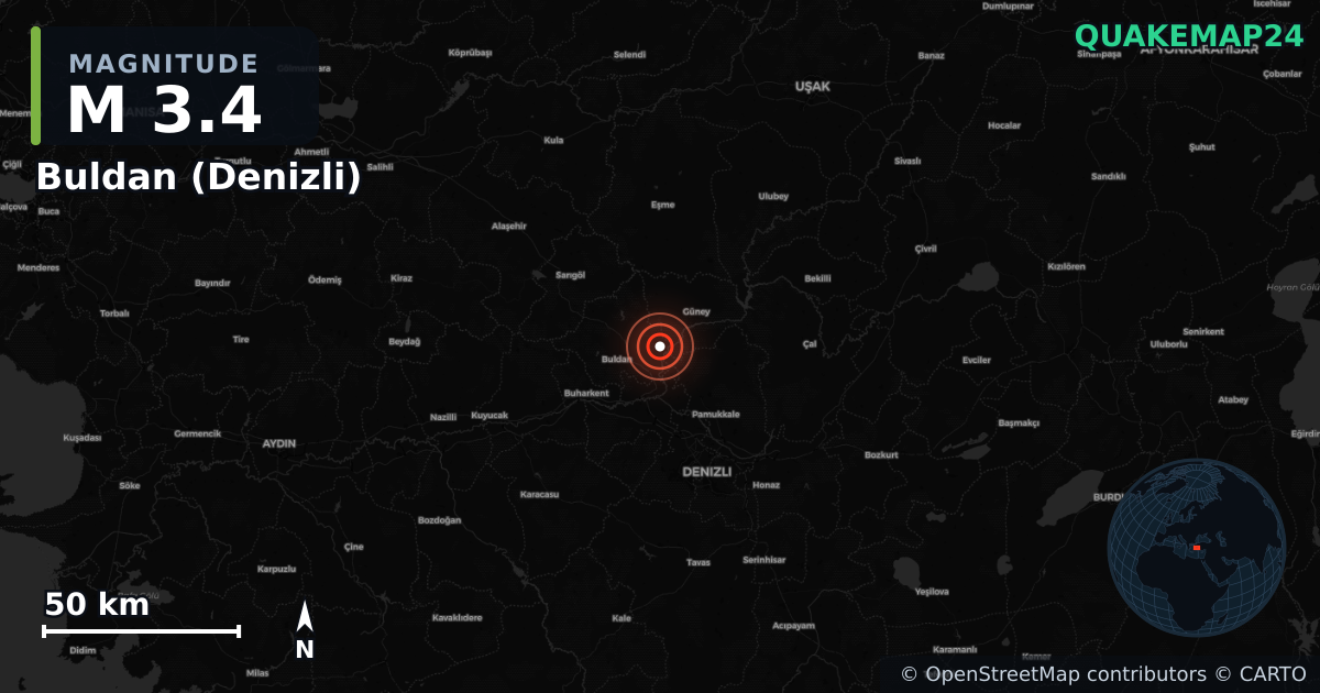 Buldan (Denizli) yakınında M3,4 deprem · 2026-03-09 — Deprem merkez üssünün konumunu gösteren harita