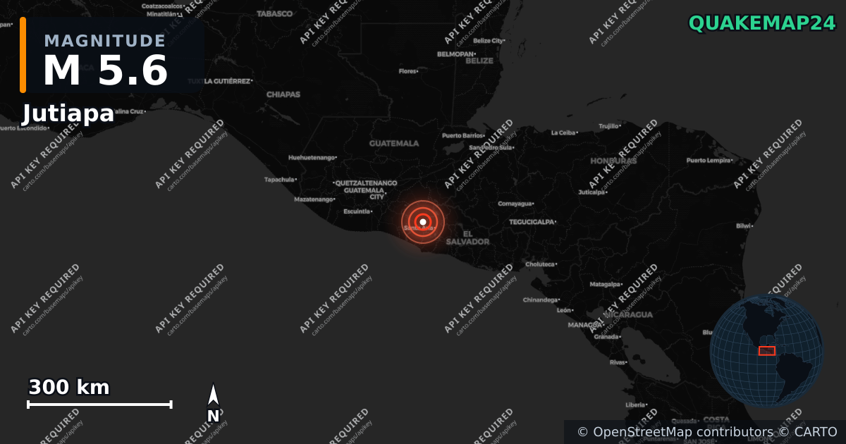 M5.6 earthquake near Jutiapa on Jul 29, 2025 — map of epicenter and shaking intensity | QuakeMap24