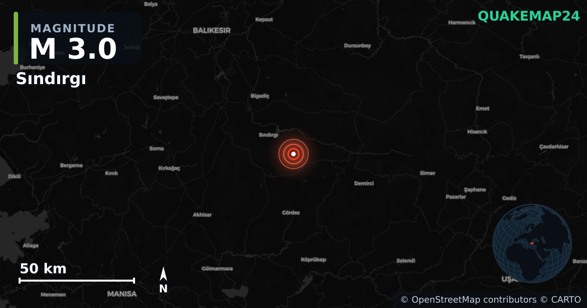 M3.0 earthquake near Sındırgı on Jan 24, 2026 — map of epicenter and shaking intensity | QuakeMap24