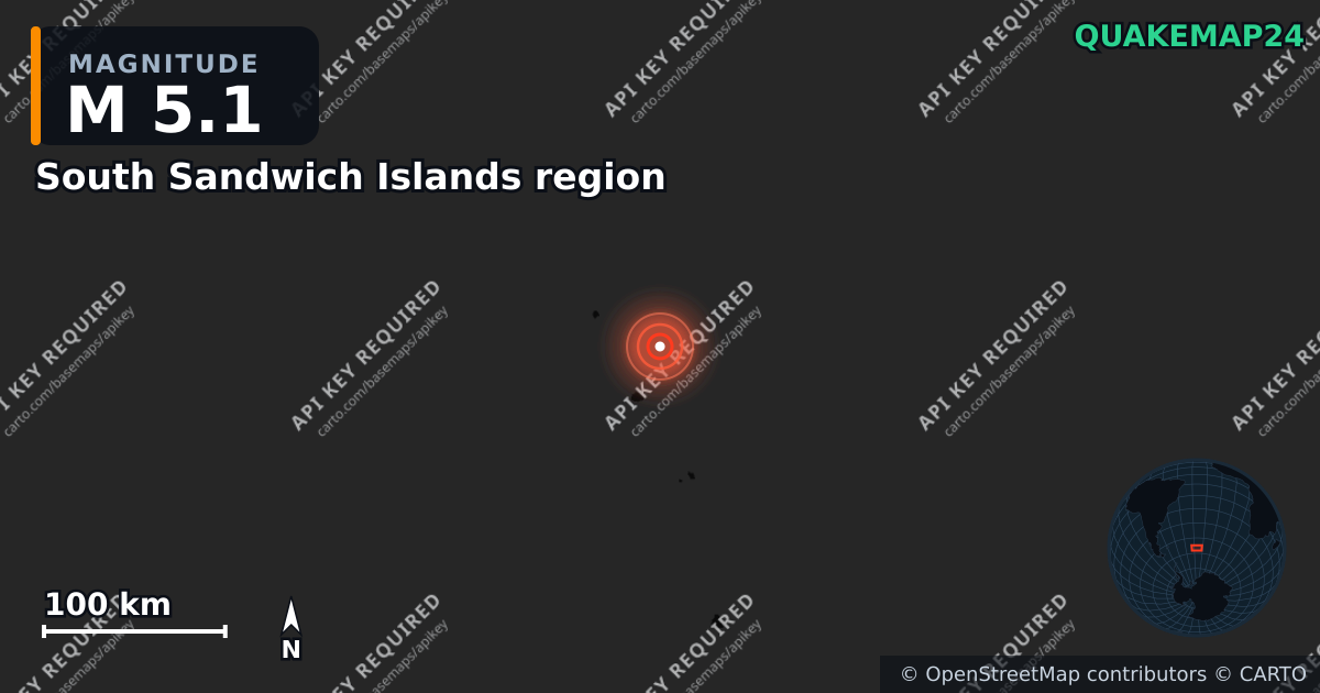 M5.1 earthquake near South Sandwich Islands region on Aug 30, 2026 — map of epicenter and shaking intensity | QuakeMap24