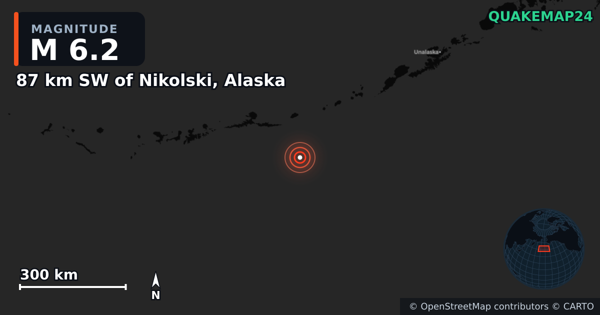 M6.2 earthquake near 87 km SW of Nikolski, Alaska on Sep 3, 2025 — map of epicenter and shaking intensity | QuakeMap24