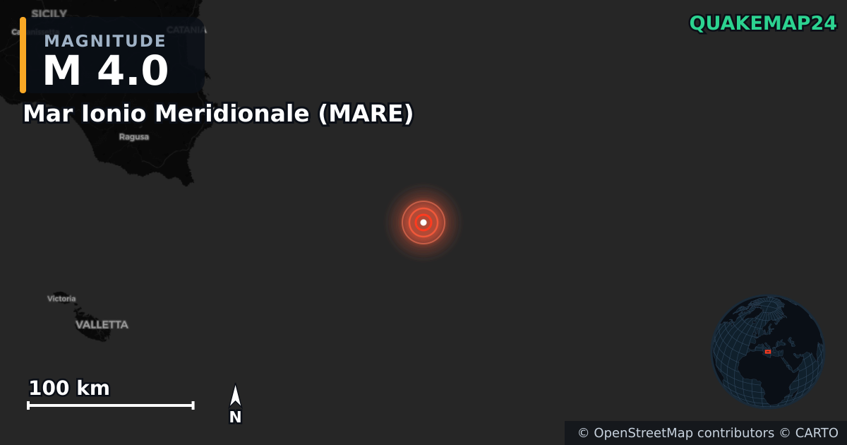 M4.0 earthquake near Mar Ionio Meridionale (MARE) on Dec 15, 2025 — map of epicenter and shaking intensity | QuakeMap24
