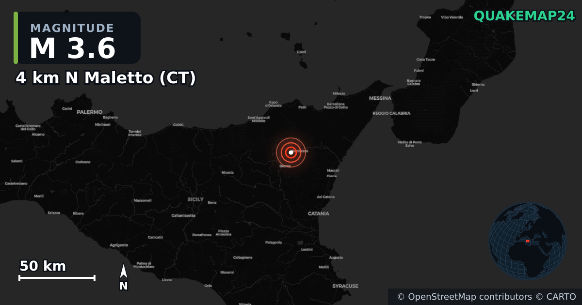 M3.6 earthquake near 4 km N Maletto (CT) on Apr 5, 2026 — map of epicenter and shaking intensity | QuakeMap24