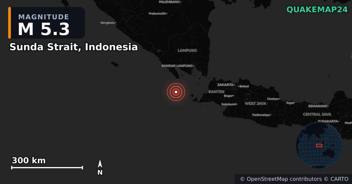 M5.3 earthquake near Sunda Strait, Indonesia on Jul 8, 2025 — map of epicenter and shaking intensity | QuakeMap24