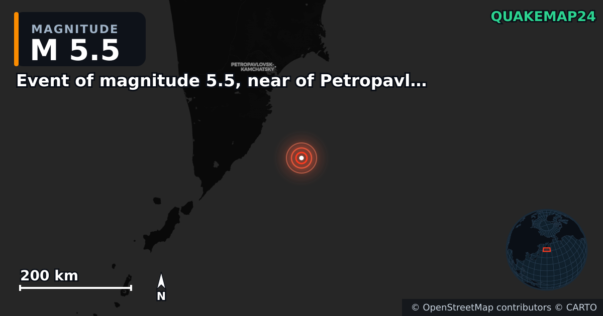 M5.5 earthquake near Event of magnitude 5.5, near of Petropavlovsk Kamchatskiy (Monde) on Sep 22, 2025 — map of epicenter and shaking intensity | QuakeMap24