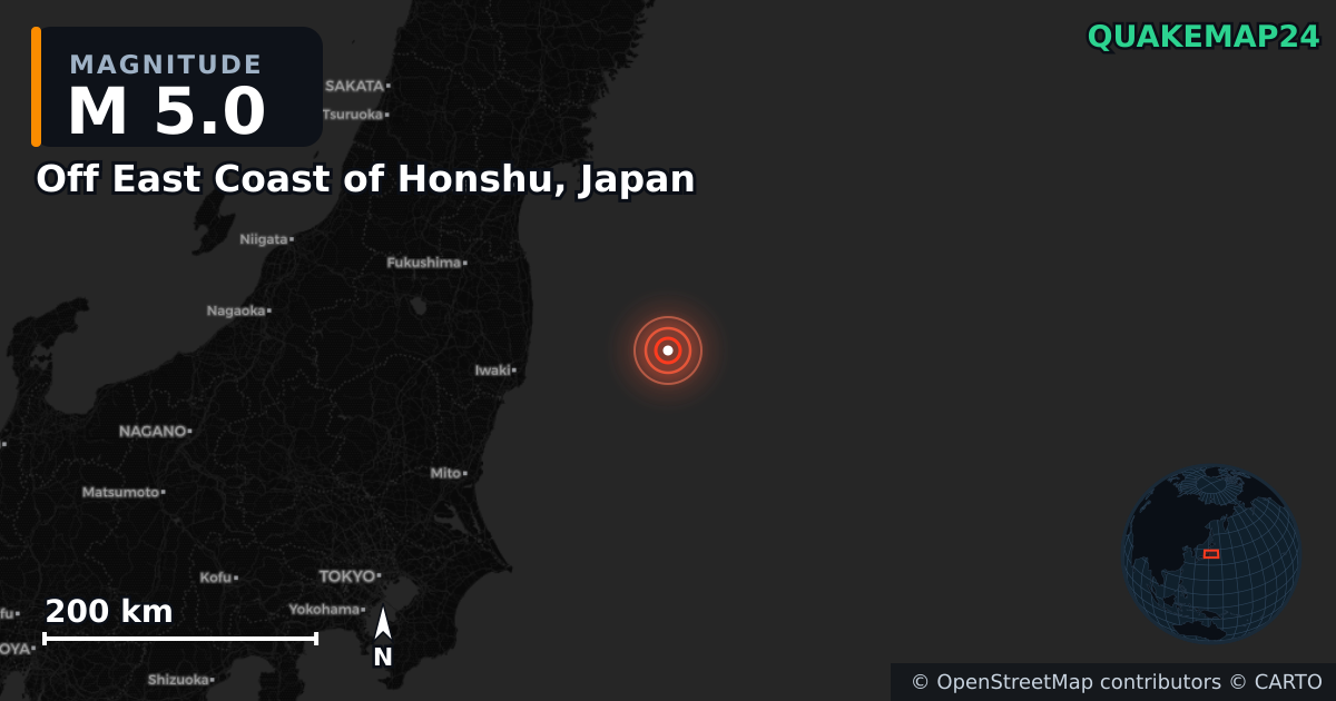 M5.0 earthquake near Off East Coast of Honshu, Japan on Aug 29, 2025 — map of epicenter and shaking intensity | QuakeMap24