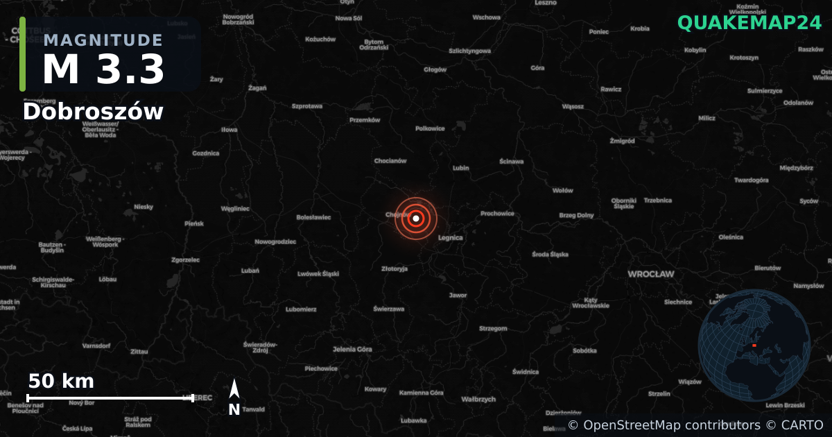 M3.3 earthquake near Dobroszów on Jul 18, 2026 — map of epicenter and shaking intensity | QuakeMap24