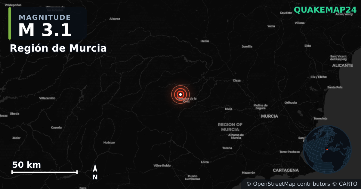 M3.1 earthquake near Región de Murcia on Jun 24, 2025 — map of epicenter and shaking intensity | QuakeMap24