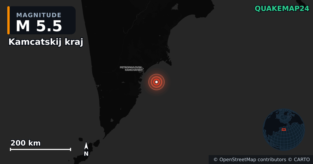 M5.5 earthquake near Kamcatskij kraj on Sep 17, 2025 — map of epicenter and shaking intensity | QuakeMap24