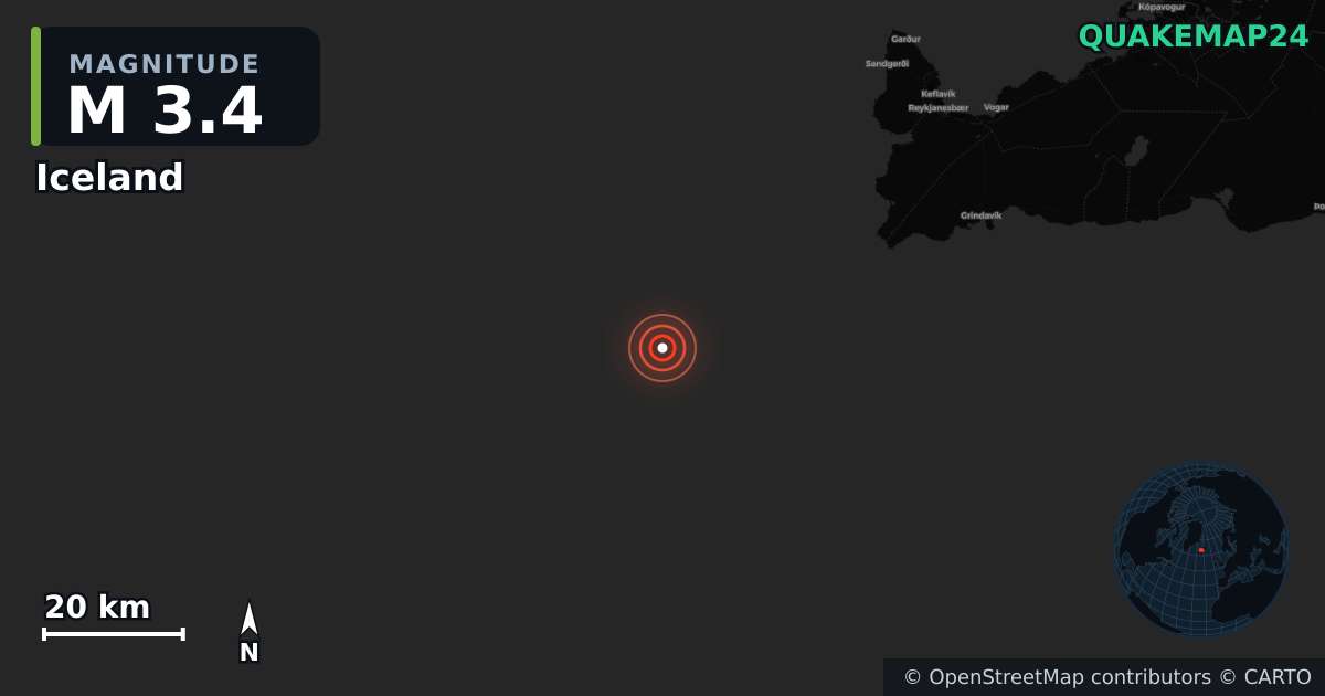 M3.4 earthquake near Iceland on Aug 25, 2026 — map of epicenter and shaking intensity | QuakeMap24
