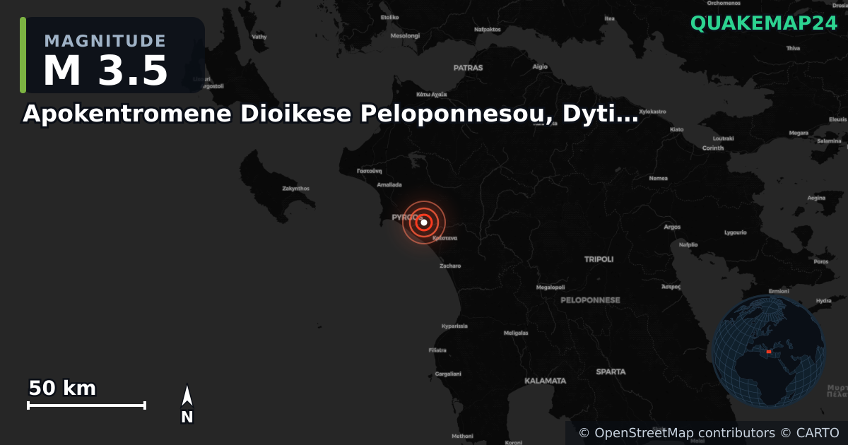 M3.5 earthquake near Apokentromene Dioikese Peloponnesou, Dytikes Elladas kai Ioniou on Jul 7, 2025 — map of epicenter and shaking intensity | QuakeMap24