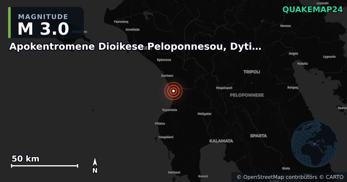 M3.0 earthquake near Apokentromene Dioikese Peloponnesou, Dytikes Elladas kai Ioniou on Jun 23, 2025 — map of epicenter and shaking intensity | QuakeMap24