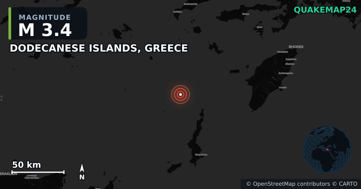 M3.4 earthquake near DODECANESE ISLANDS, GREECE on Aug 21, 2025 — map of epicenter and shaking intensity | QuakeMap24