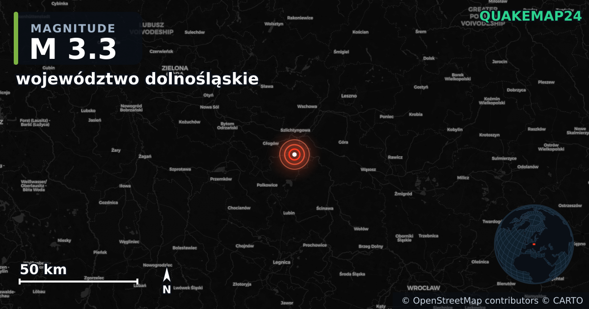 M3.3 earthquake near województwo dolnośląskie on Oct 12, 2025 — map of epicenter and shaking intensity | QuakeMap24