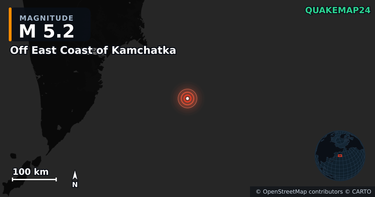 M5.2 earthquake near Off East Coast of Kamchatka on Sep 8, 2025 — map of epicenter and shaking intensity | QuakeMap24