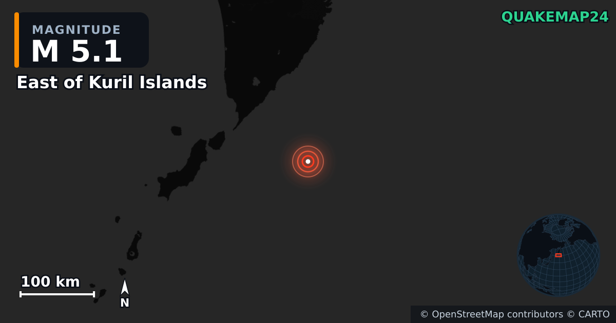 M5.1 earthquake near East of Kuril Islands on Aug 3, 2025 — map of epicenter and shaking intensity | QuakeMap24