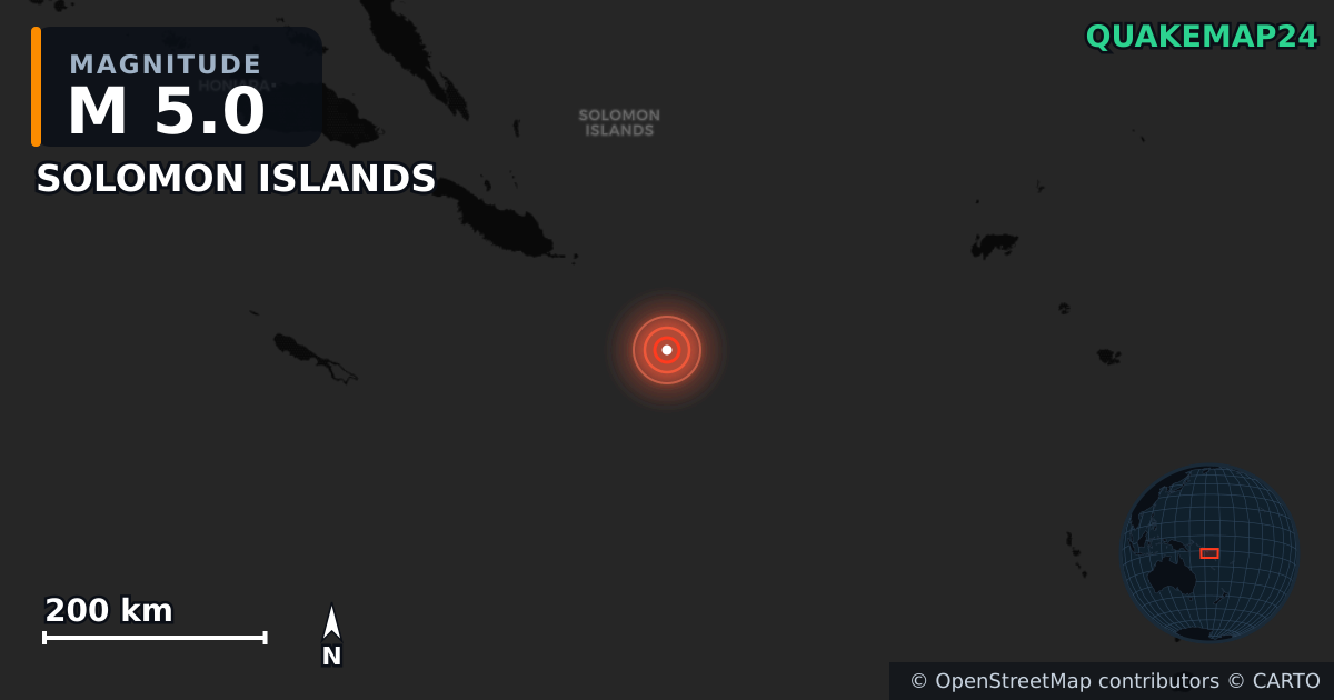 M5.0 earthquake near SOLOMON ISLANDS on Mar 28, 2026 — map of epicenter and shaking intensity | QuakeMap24