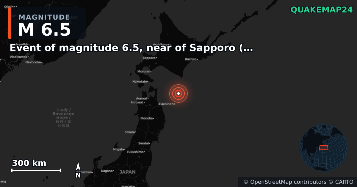 M6.5 earthquake near Event of magnitude 6.5, near of Sapporo (Monde) on Dec 8, 2025 — map of epicenter and shaking intensity | QuakeMap24