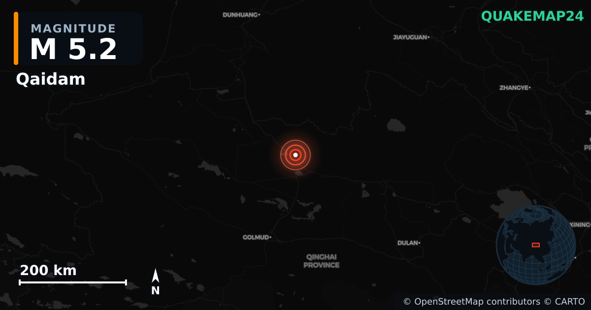 M5.2 earthquake near Qaidam on Aug 20, 2026 — map of epicenter and shaking intensity | QuakeMap24