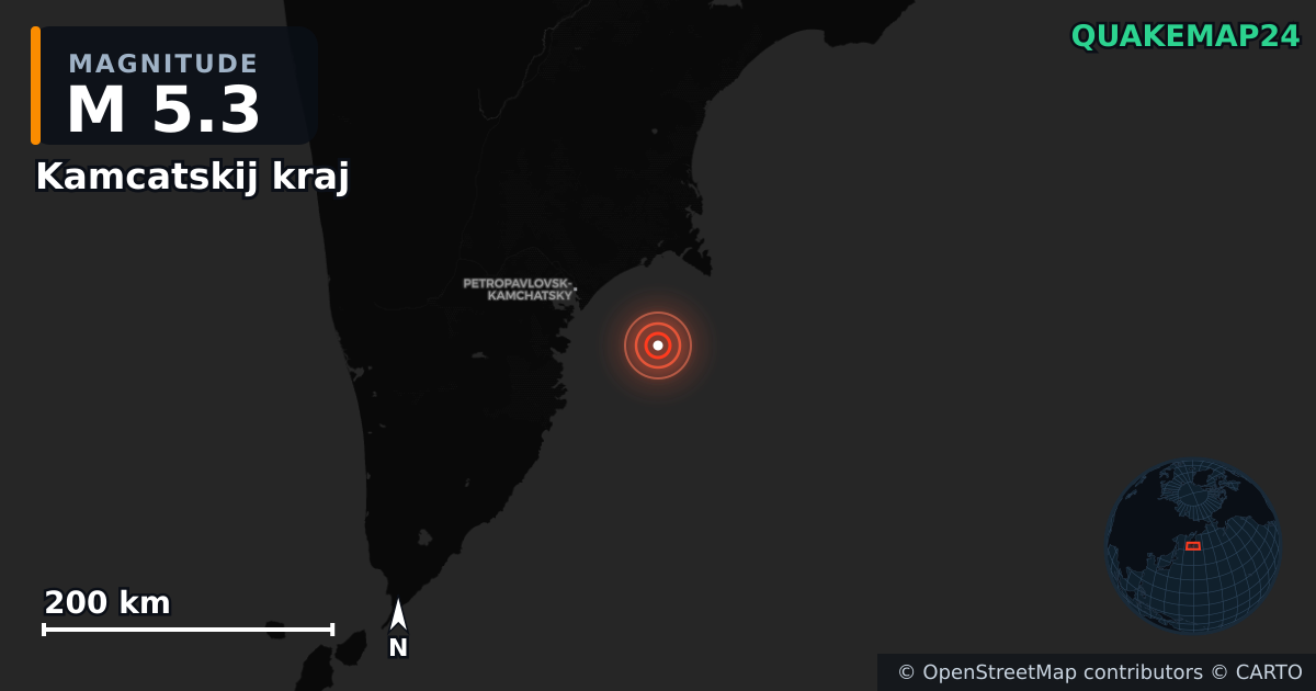 M5.3 earthquake near Kamcatskij kraj on Jul 30, 2025 — map of epicenter and shaking intensity | QuakeMap24