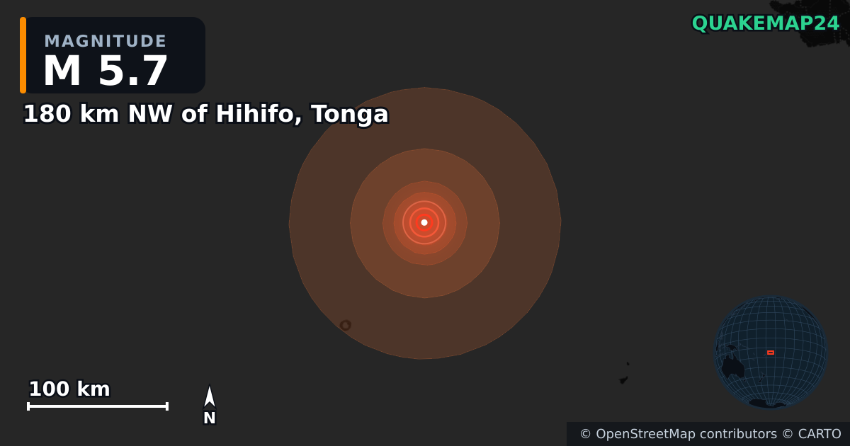 Erdbeben M5,7 bei 180 km NW of Hihifo, Tonga — Karte der Lage des Epizentrums