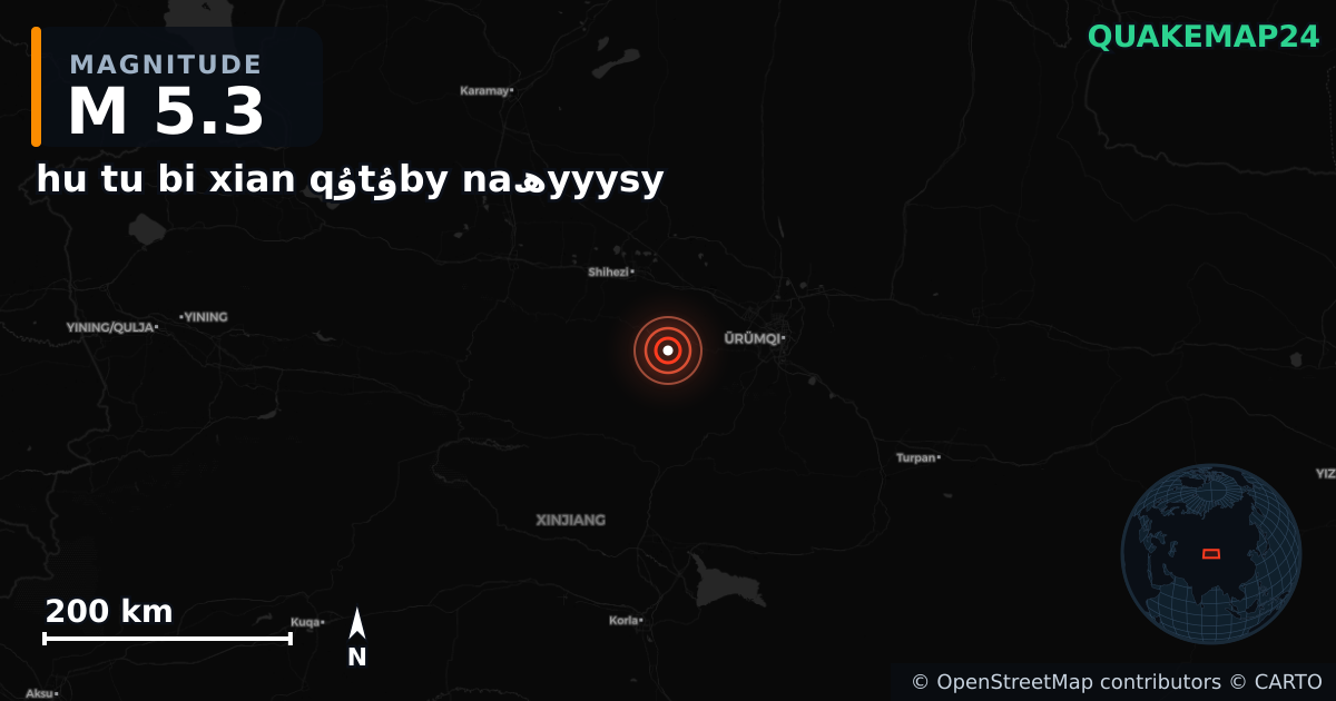 M5.3 earthquake near hu tu bi xian qۇtۇby naھyyysy on Mar 6, 2026 — map of epicenter and shaking intensity | QuakeMap24