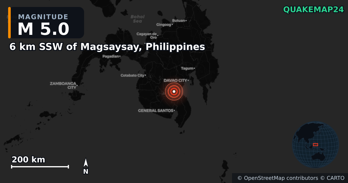M5.0 earthquake near 6 km SSW of Magsaysay, Philippines on Mar 4, 2025 — map of epicenter and shaking intensity | QuakeMap24