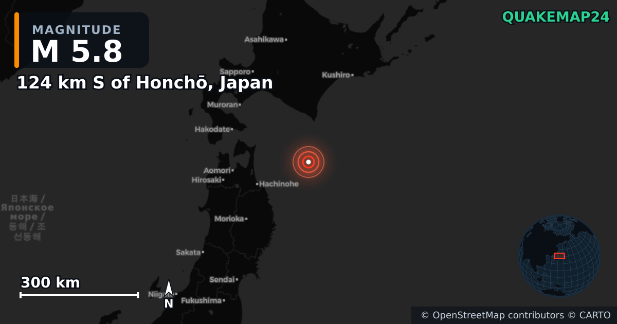 M5.8 earthquake near 124 km S of Honchō, Japan on Dec 8, 2025 — map of epicenter and shaking intensity | QuakeMap24