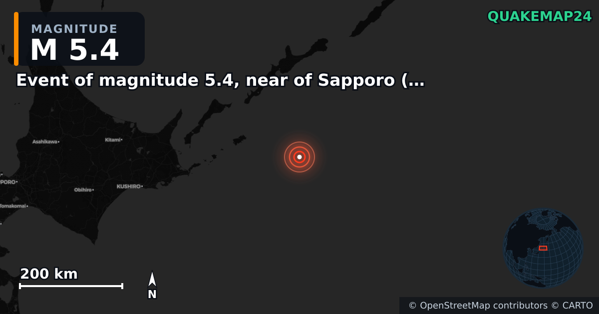 M5.4 earthquake near Event of magnitude 5.4, near of Sapporo (Monde) on Dec 18, 2025 — map of epicenter and shaking intensity | QuakeMap24
