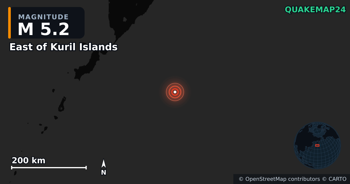 M5.2 earthquake near East of Kuril Islands on Aug 6, 2025 — map of epicenter and shaking intensity | QuakeMap24
