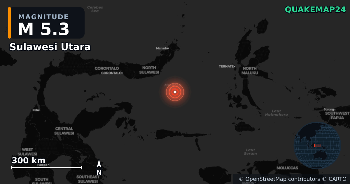 M5.3 earthquake near Sulawesi Utara on Jun 6, 2026 — map of epicenter and shaking intensity | QuakeMap24
