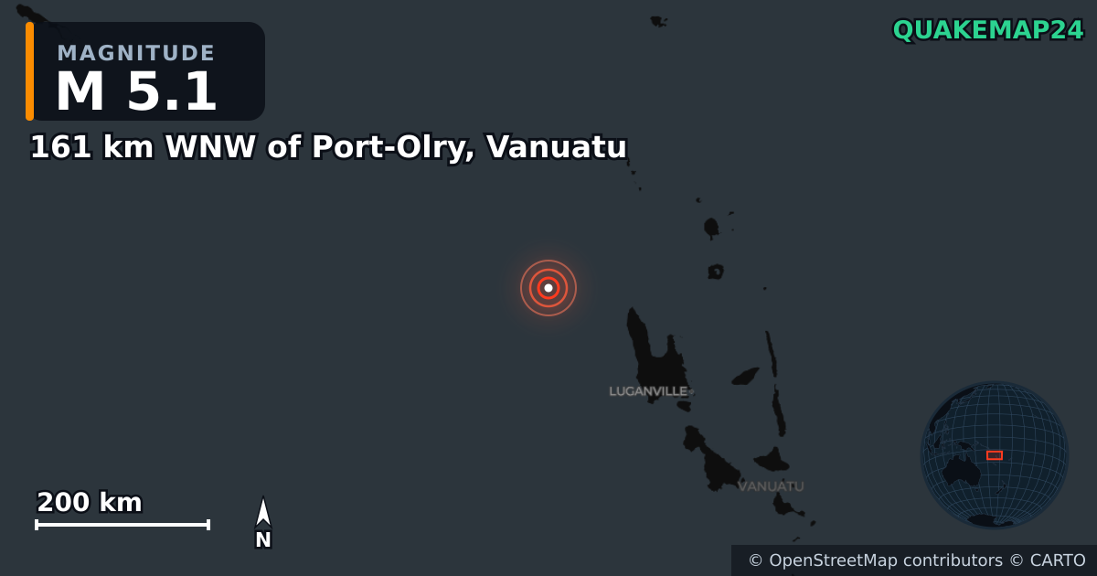 161 km WNW of Port-Olry, Vanuatu yakınında M5,1 deprem · 2026-10-25 — Deprem merkez üssünün konumunu gösteren harita