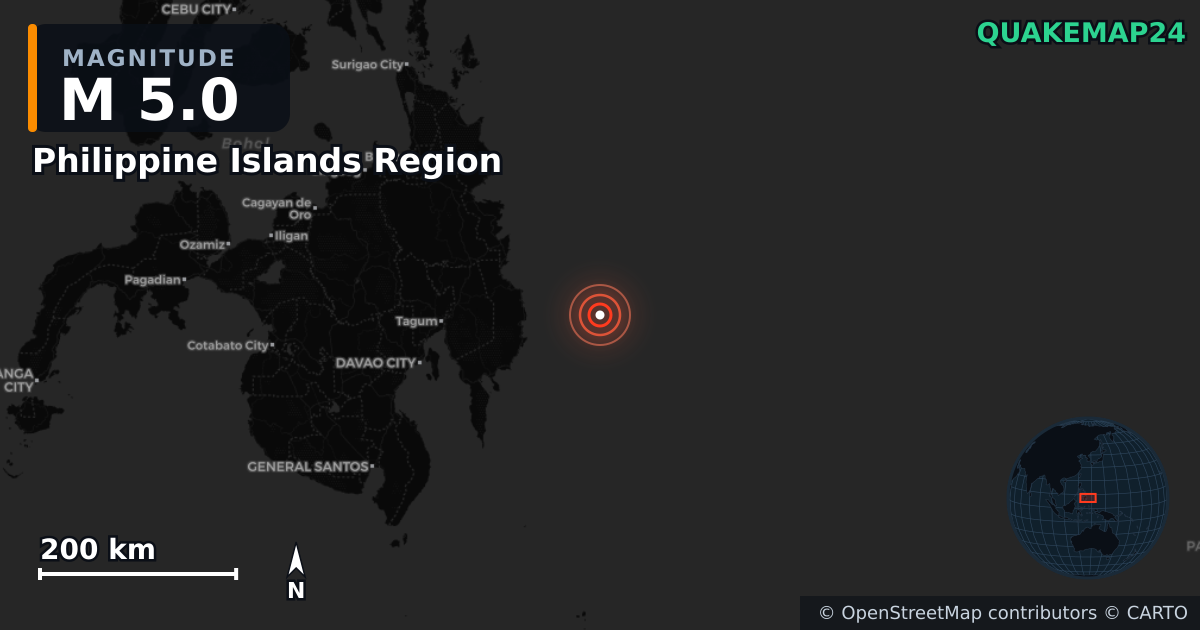 Erdbeben M5,0 bei Philippine Islands Region — Karte der Lage des Epizentrums