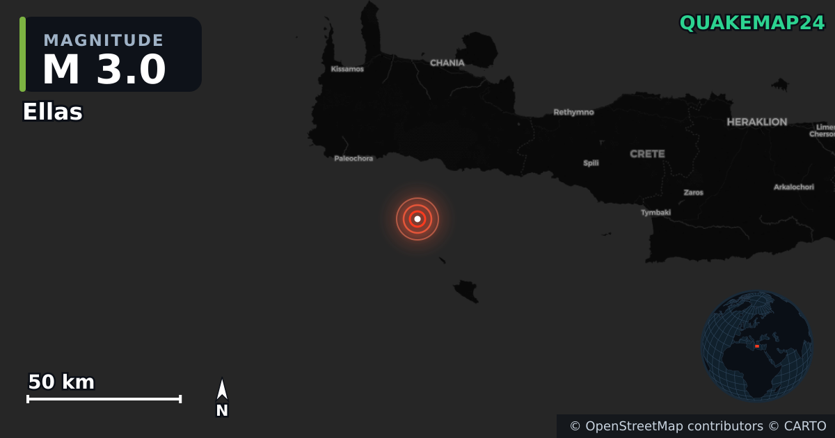 M3.0 earthquake near Ellas on Jan 30, 2026 — map of epicenter and shaking intensity | QuakeMap24