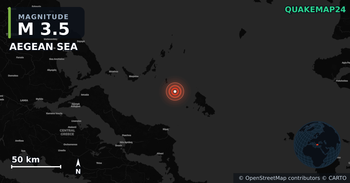 M3.5 earthquake near AEGEAN SEA on Nov 24, 2025 — map of epicenter and shaking intensity | QuakeMap24