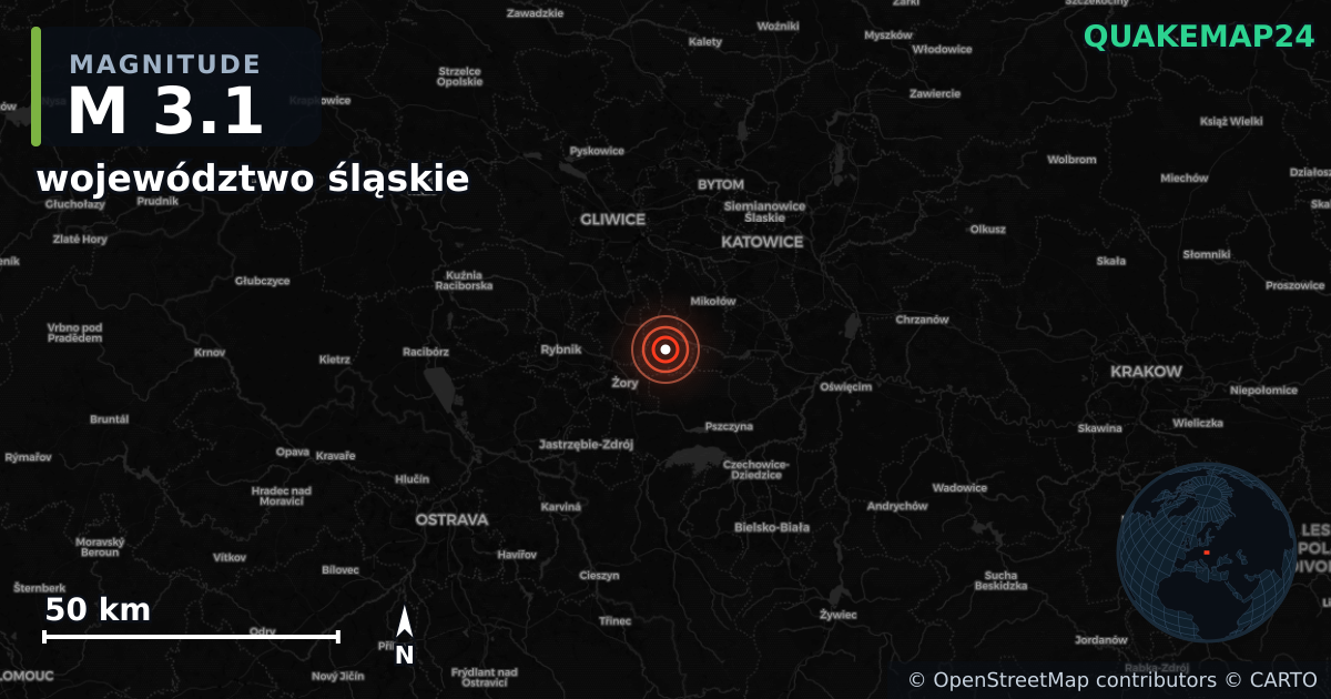 M3.1 earthquake near województwo śląskie on Nov 5, 2025 — map of epicenter and shaking intensity | QuakeMap24