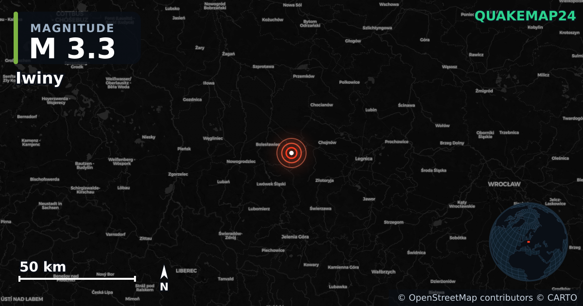 M3.3 earthquake near Iwiny on Jun 25, 2026 — map of epicenter and shaking intensity | QuakeMap24