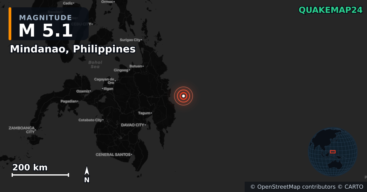 M5.1 earthquake near Mindanao, Philippines on May 25, 2026 — map of epicenter and shaking intensity | QuakeMap24