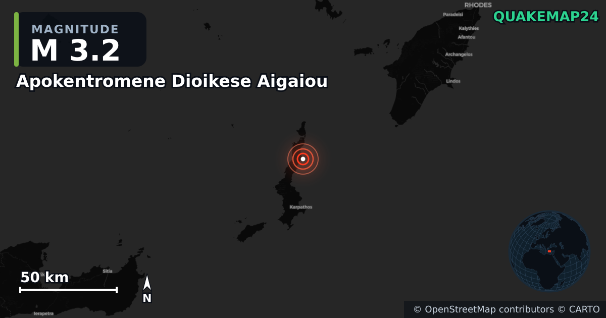 M3.2 earthquake near Apokentromene Dioikese Aigaiou on Dec 4, 2025 — map of epicenter and shaking intensity | QuakeMap24
