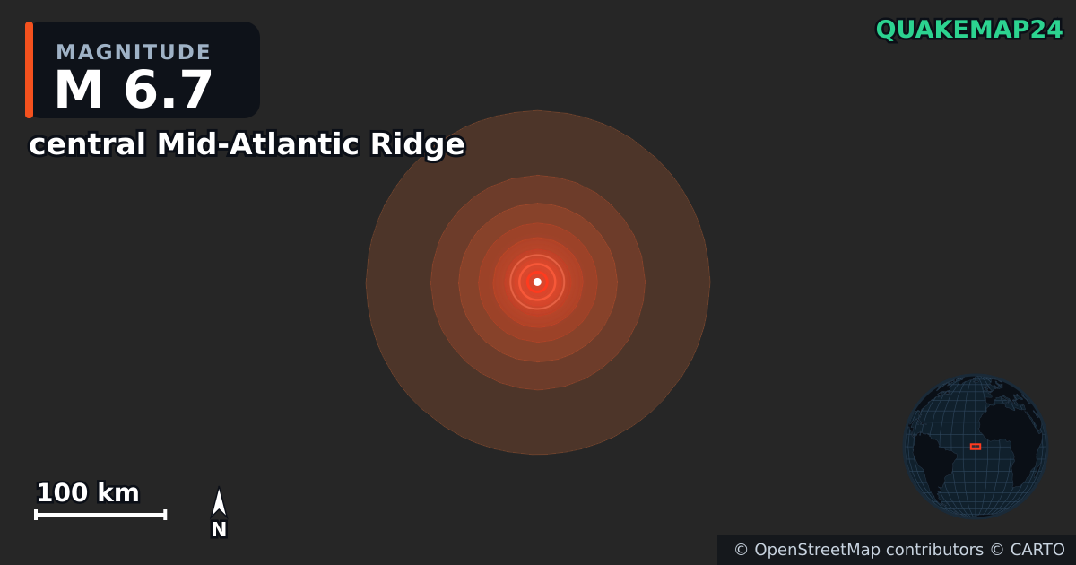 Terremoto de M6,7 cerca de central Mid-Atlantic Ridge · 2026-10-13 — Mapa de la ubicación del epicentro