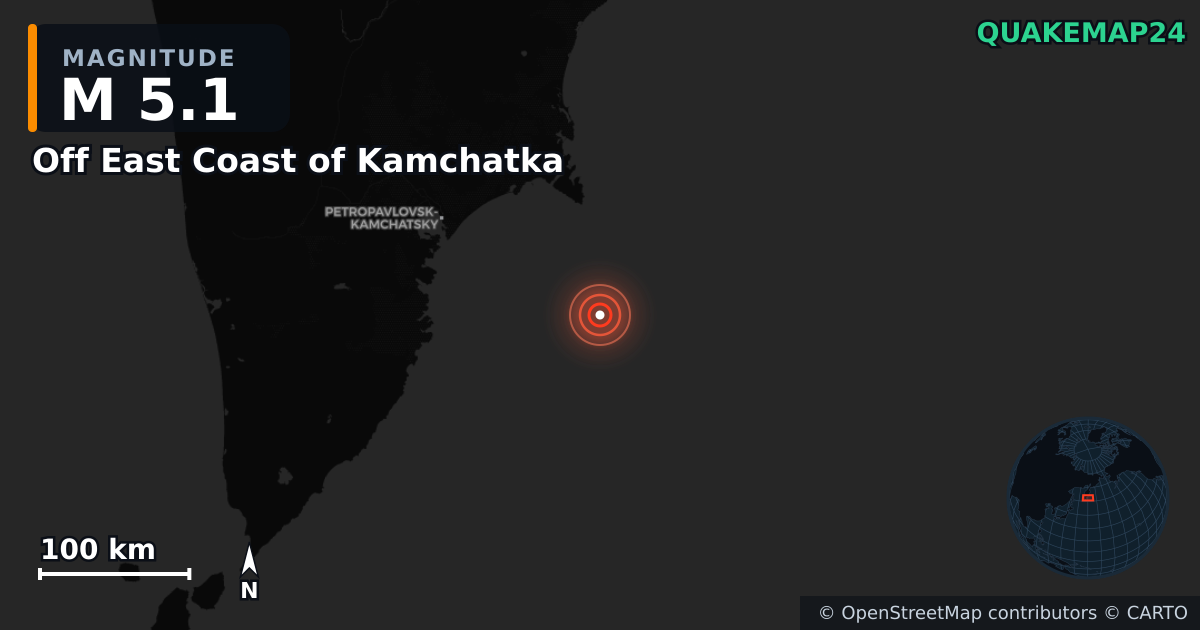 M5.1 earthquake near Off East Coast of Kamchatka on Sep 19, 2025 — map of epicenter and shaking intensity | QuakeMap24