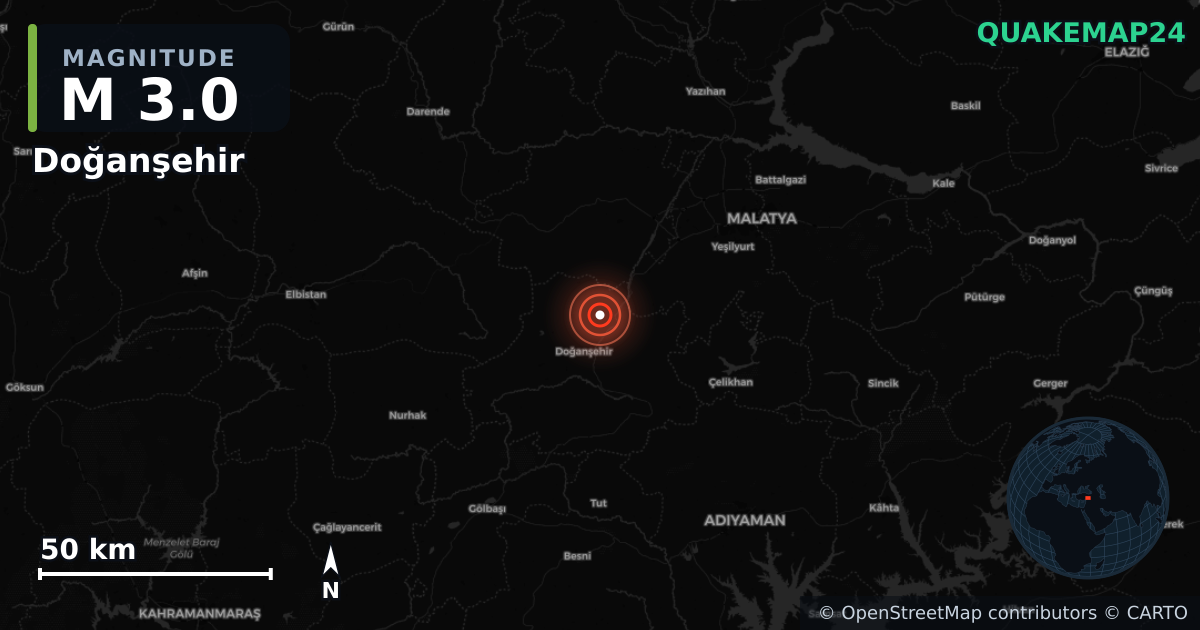 M3.0 earthquake near Doğanşehir on Feb 5, 2026 — map of epicenter and shaking intensity | QuakeMap24