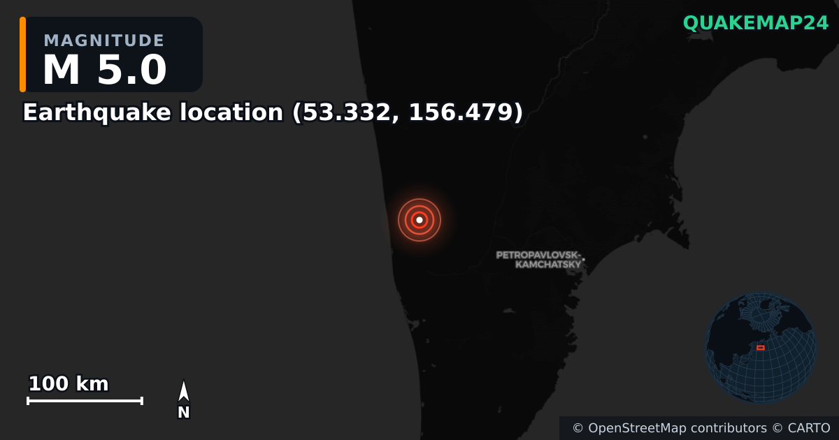 M5.0 earthquake near Deprem konumu (53.332, 156.479) on Aug 24, 2025 — map of epicenter and shaking intensity | QuakeMap24