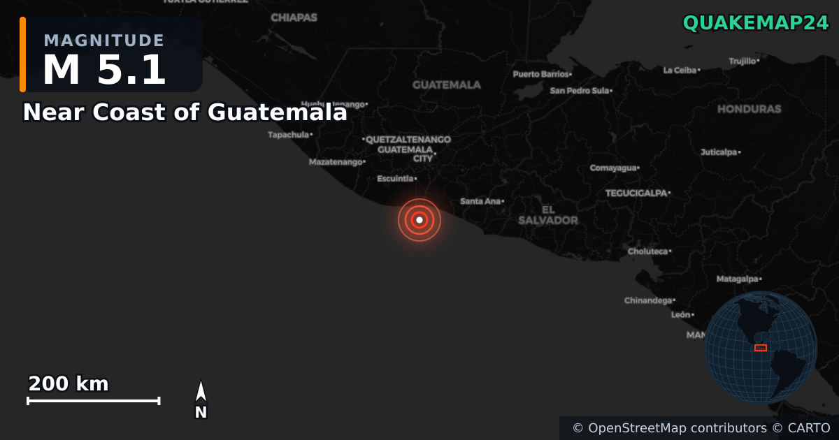 M5.1 earthquake near Near Coast of Guatemala on Jun 28, 2025 — map of epicenter and shaking intensity | QuakeMap24