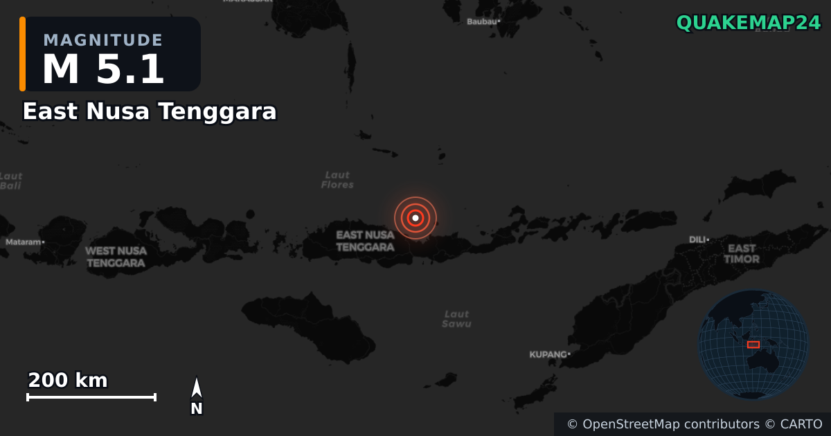 M5.1 earthquake near East Nusa Tenggara on Aug 15, 2026 — map of epicenter and shaking intensity | QuakeMap24