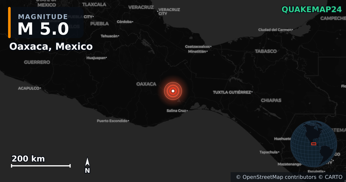 Erdbeben M5,0 bei Oaxaca, Mexico — Karte der Lage des Epizentrums